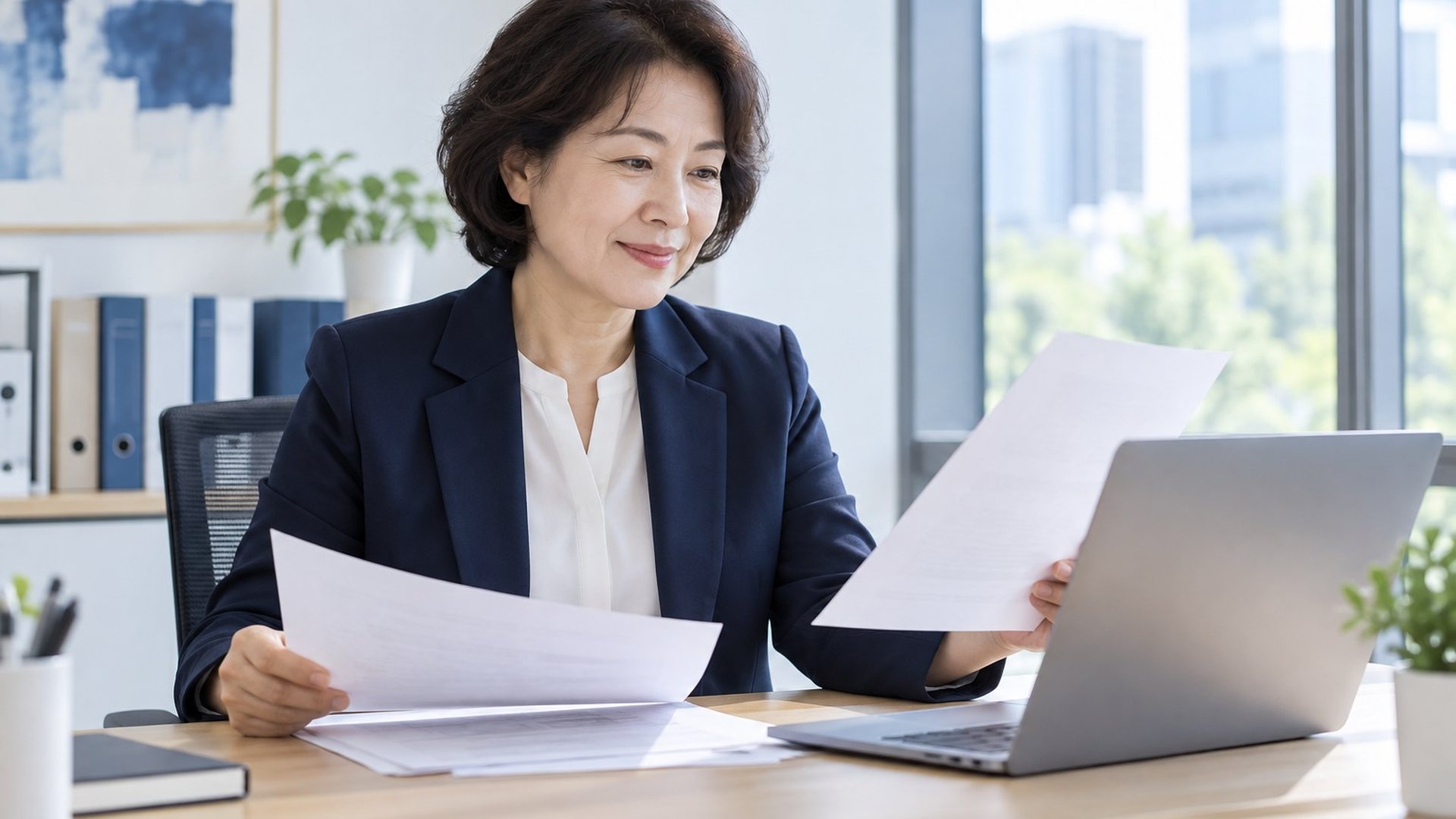 노래방 밤 영업 PG단말기 · 여성이 서류를 들고 노트북 앞에서 확인하는 장면(연출 사진)
