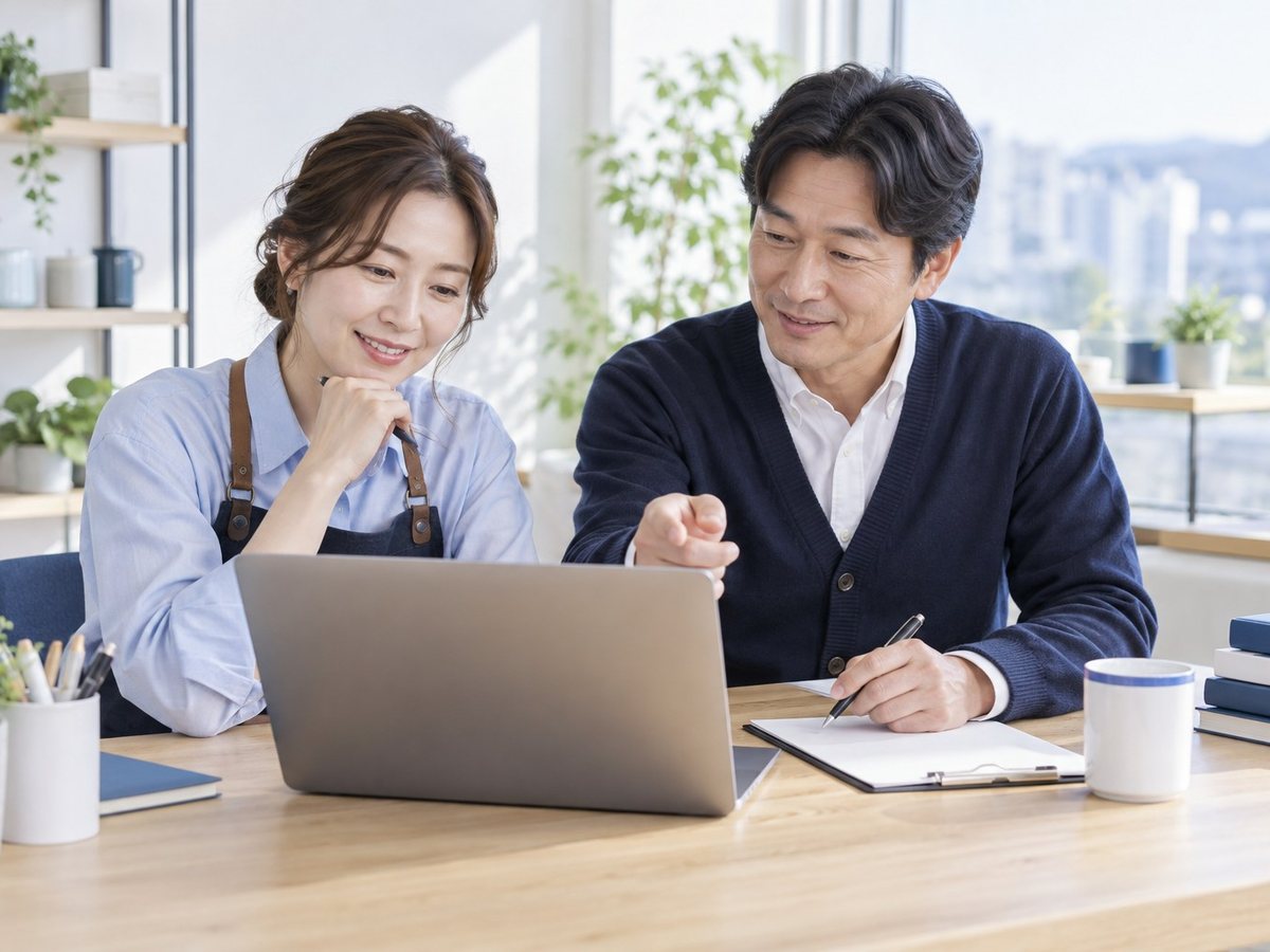 노래방 PG단말기 · 남녀가 노트북을 보며 상담하는 장면(연출 사진)