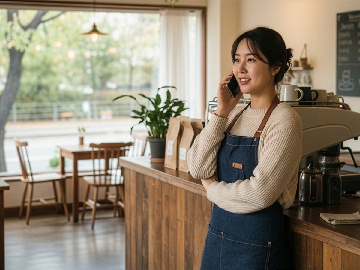 특수업종 카드단말기 전환 · 카페 카운터에서 전화로 상담하는 여성 사장님(연출 사진)